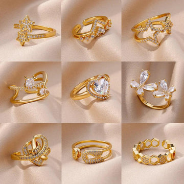 Aesthetic Gold Colour Stainless Steel Hoop Adjustable Double Heart Opening Rings For Women - Party Shiny Jewellery - The Jewellery Supermarket